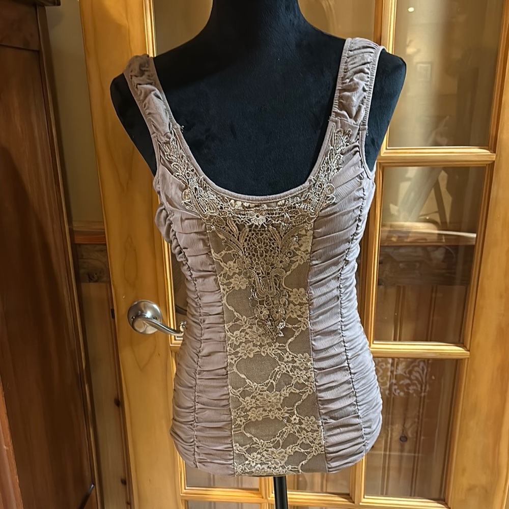 Elegant Brown Rouched Tank Top Accented with Lace